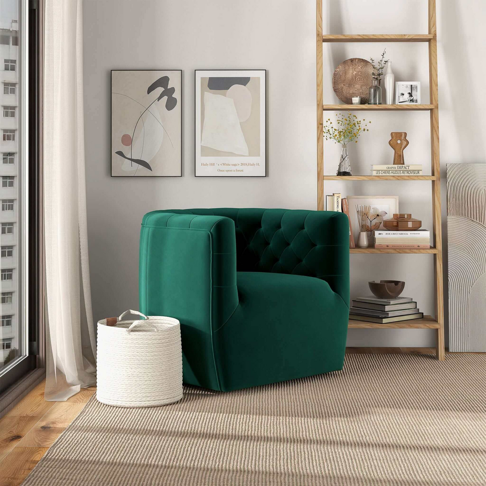 Delaney Green Velvet Swivel Chair in Room.