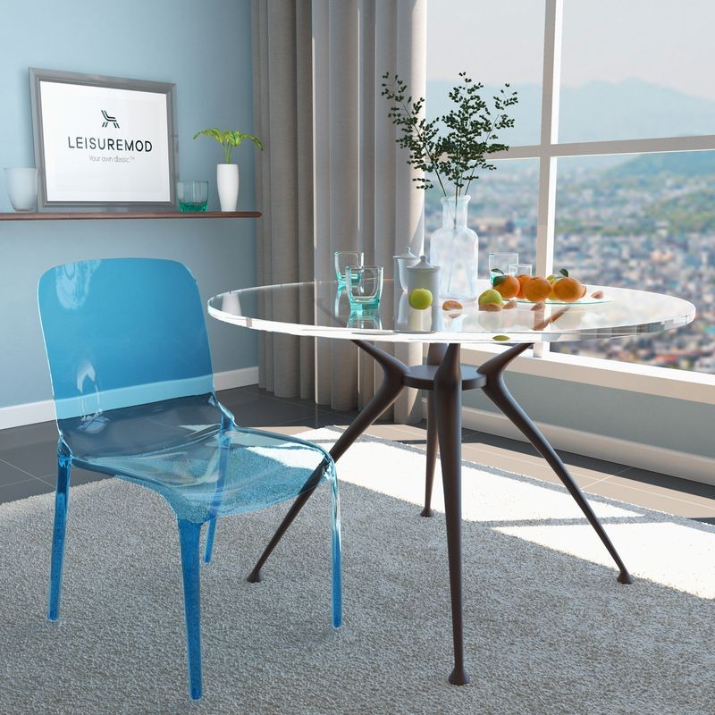 LeisureMod Murray Modern Dining Chair Transparent Blue at Table.