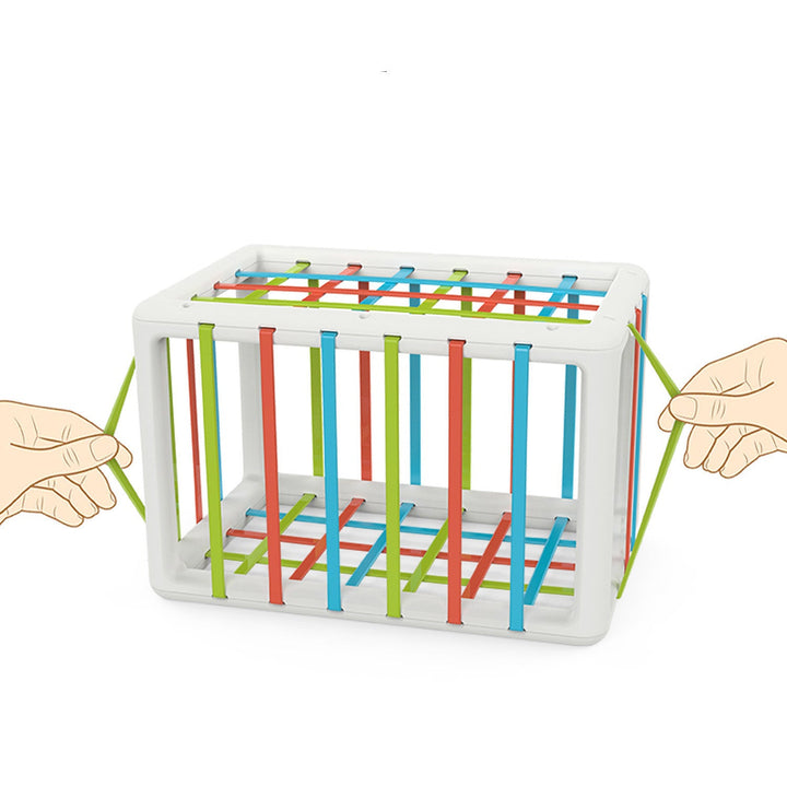 Colorful cube puzzle with hands interacting on a white background.