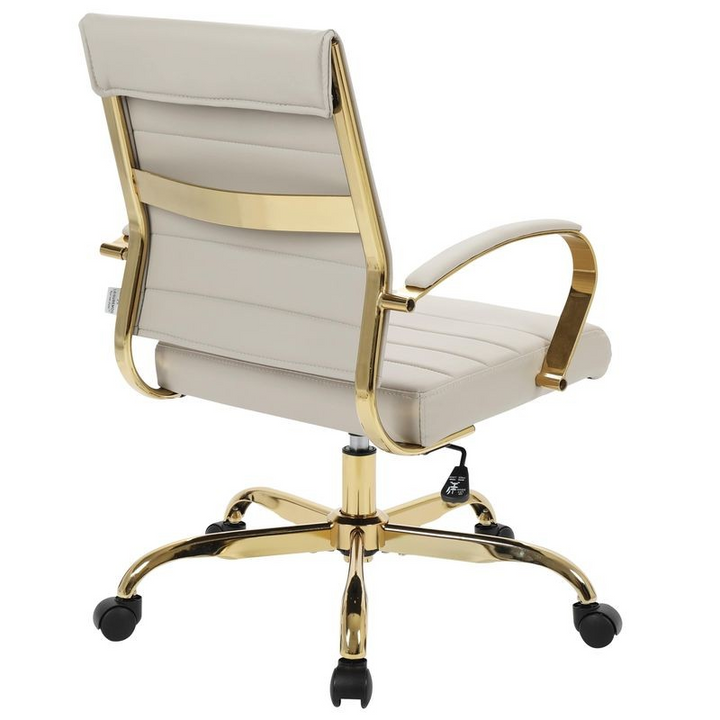 LeisureMod Benmar Home Leather Office Chair with Gold Frame Tan Back View.