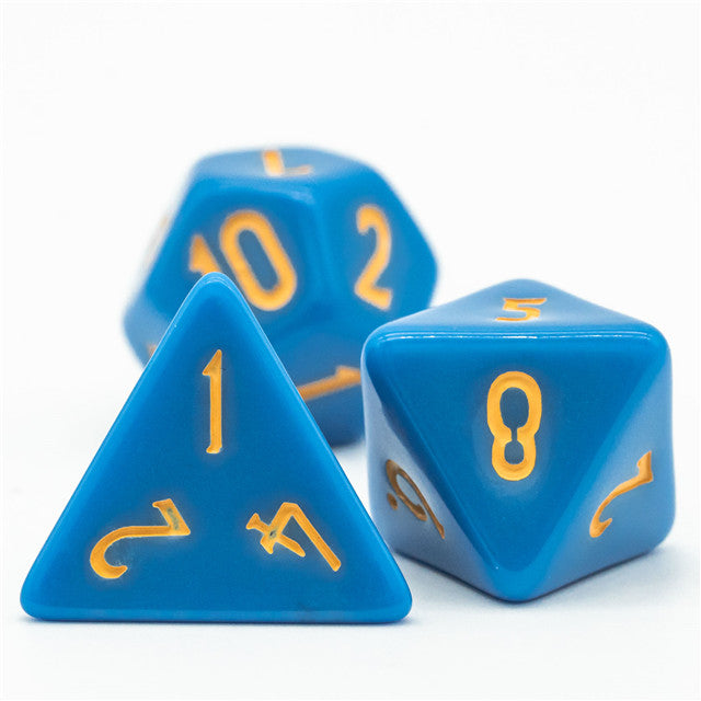 Light Blue Homage 7-Dice Set w/Yellow Numbers Minimalist