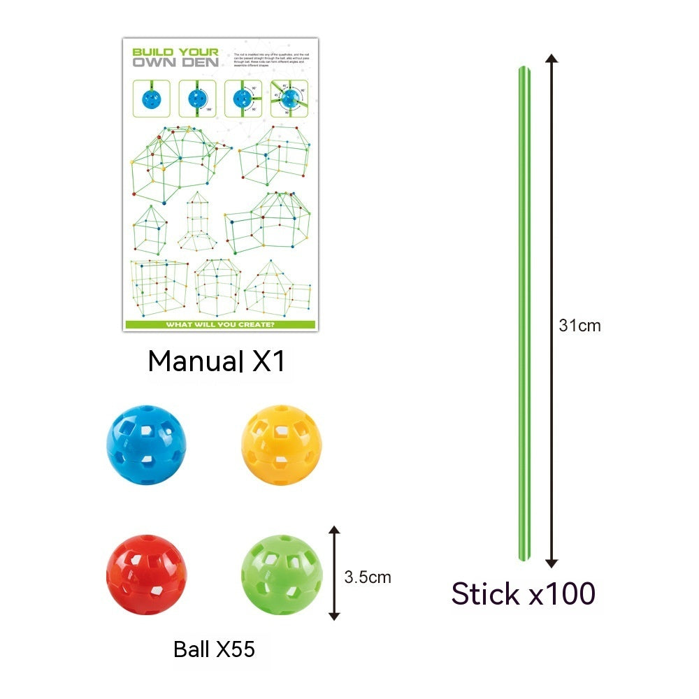 Set of building materials with manual, sticks, balls, and measurements on a white background.