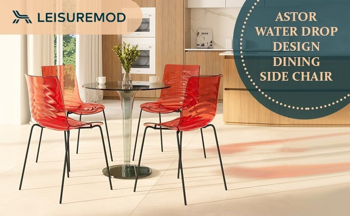 Red dining chairs around a glass table with Leisuremod branding.