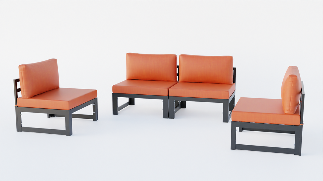 LeisureMod Chelsea 4-Piece Middle Patio Chairs Black Aluminum with Cushions Orange Photo.