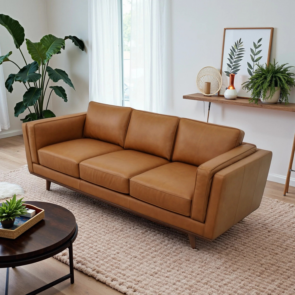 Chase Mid Century Modern Genuine Leather Sofa Left Angle.