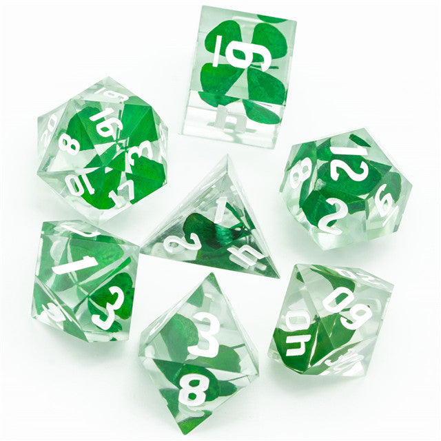 Real Four Leaf Clover 7-Dice Set Sharp Resin RPG DND