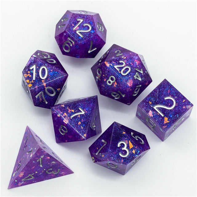 Purple Glitter Sharp Edge DND Dice Set | Gold Flake w/Silver Numbers