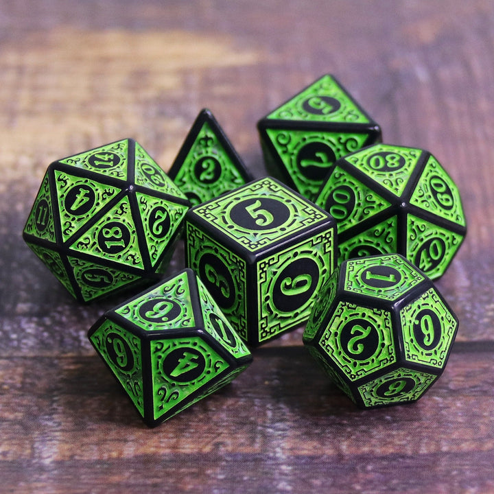 Green Magic Flame 7-Dice Set DND RPG Dice Black w/Color Fill
