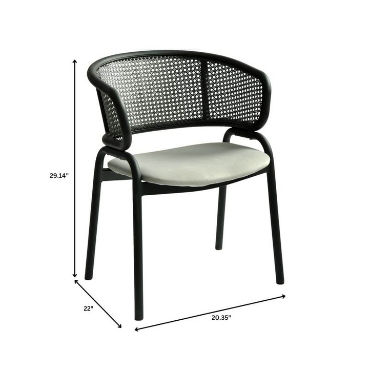 Chair with black woven backrest and white seat, shown with dimensions on a white background.