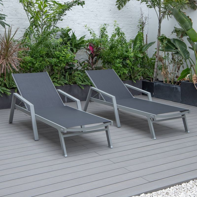 LeisureMod Marlin Patio Chaise Lounge Chair with Armrests in Grey Aluminum Frame, Set of 2 in Black