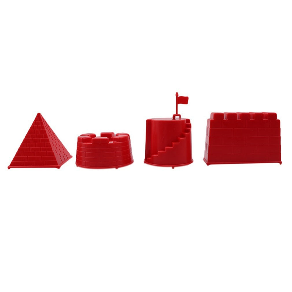 Set of red plastic building blocks on a white background.