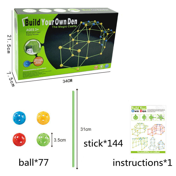 Box for build your own den toy set with dimensions and components listed.