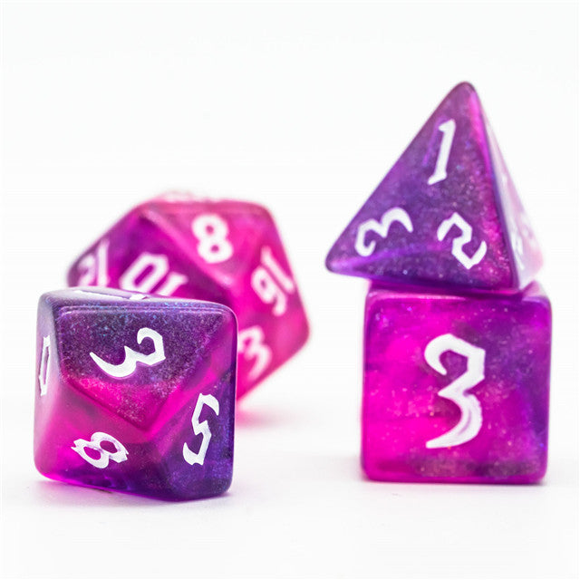 Purple + Red Glitter Party Dice (White font) 7-Dice Set RPG DND
