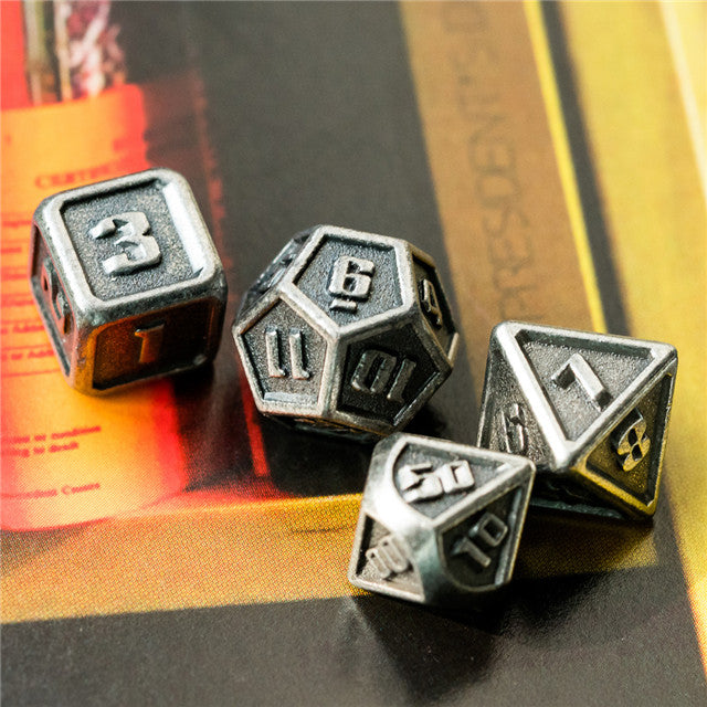 Silver Mini Metal Dice Ancient Effect | (10mm to 15mm) 7-Dice Udixi RPG