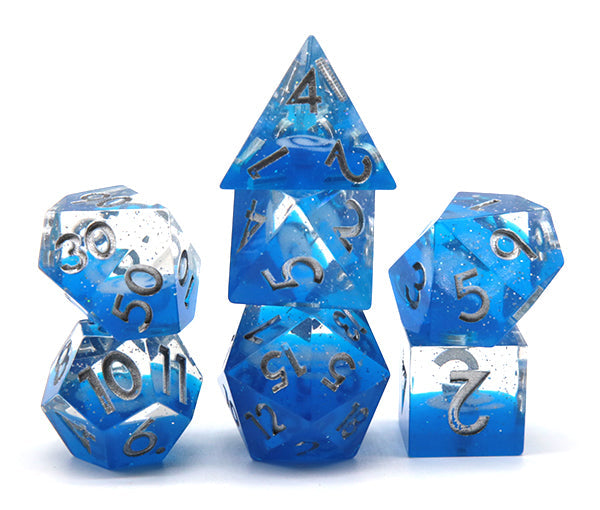 Dreaming of Space 7-Dice Set Resin Sharp Edge RPG DND Blue Glitter