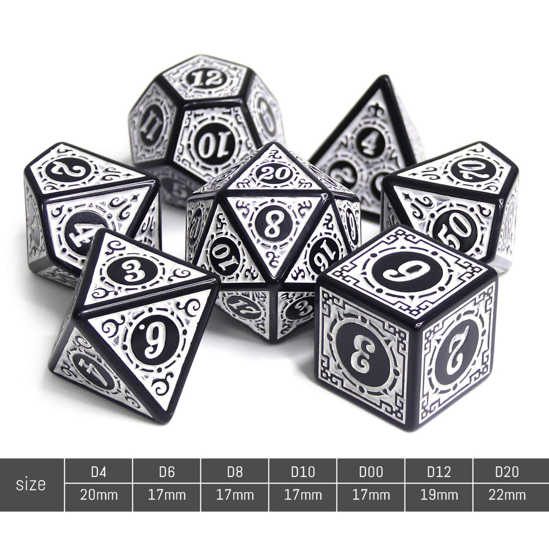 White Magic Flame 7-Dice Set DND RPG Dice Black w/Color Fill