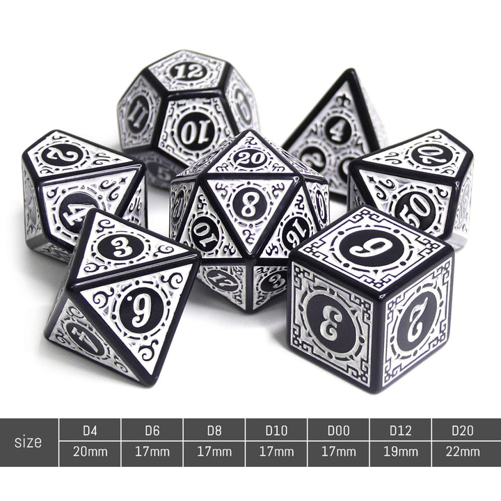 White Magic Flame 7-Dice Set DND RPG Dice Black w/Color Fill
