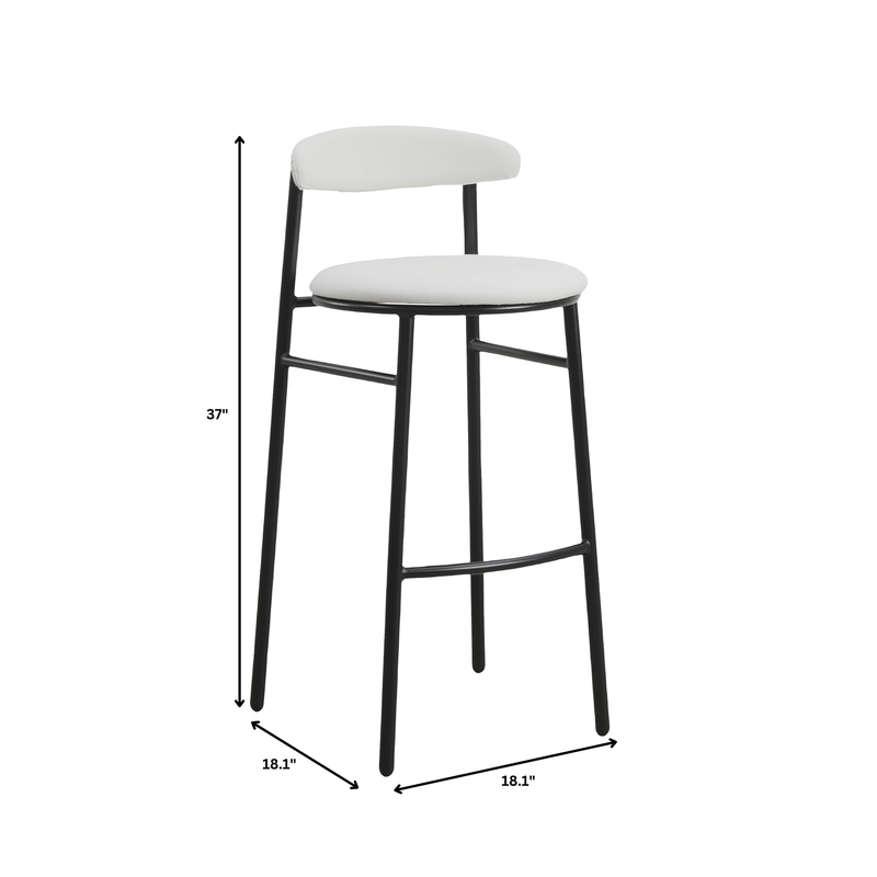 Bar stool with white seat and black frame, dimensions displayed.