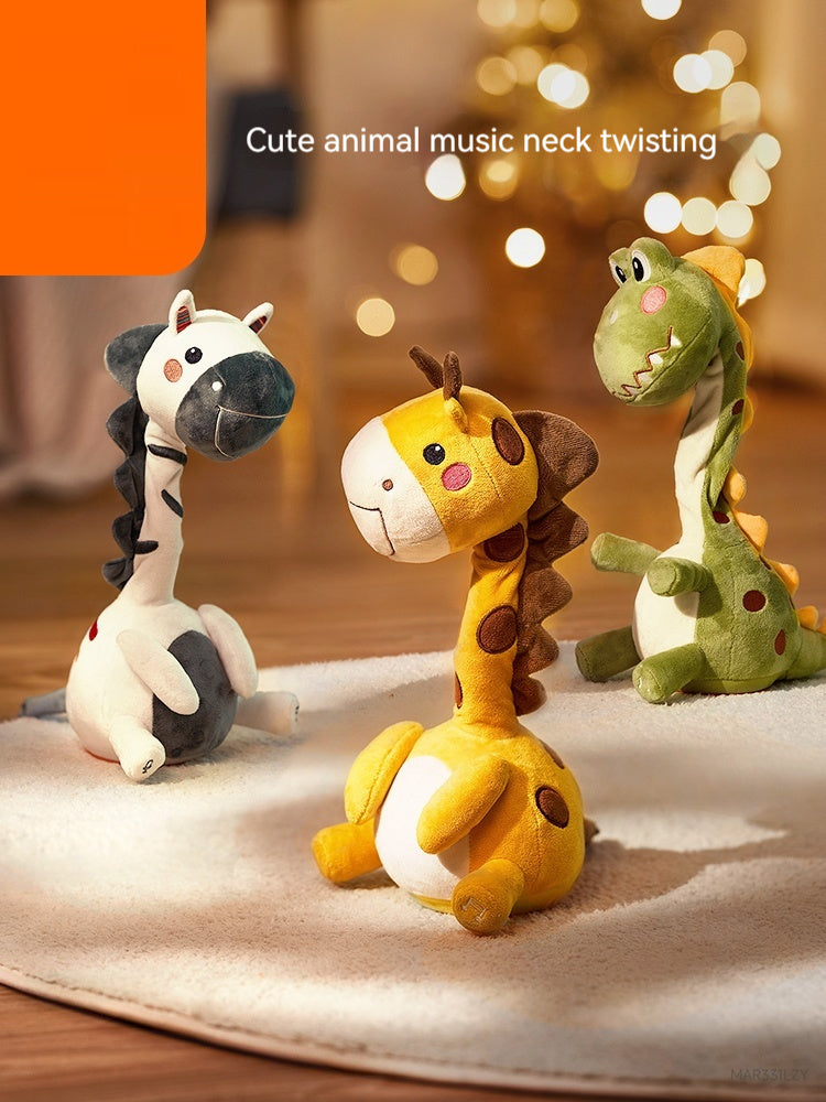 Three plush toys resembling a zebra, giraffe, and dinosaur on a wooden surface with a blurred background.
