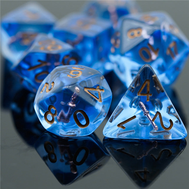 Wizard (Magic Wand) Clear Blue Dice w/ Golden Wand 7-Dice Set Rpg