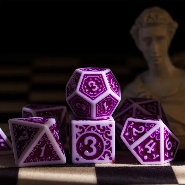 White with Purple rregular Pattern Fill: 7-Piece Acrylic Dice Set