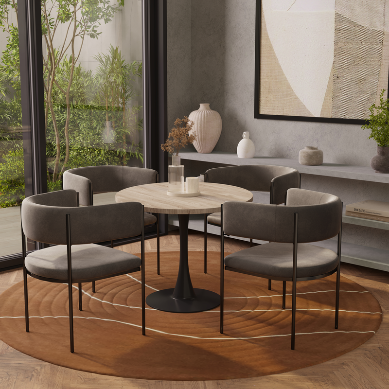 LeisureMod Bristol 27" Round Dining Table Black Base with Sintered Stone Natural Wood Top in Room.