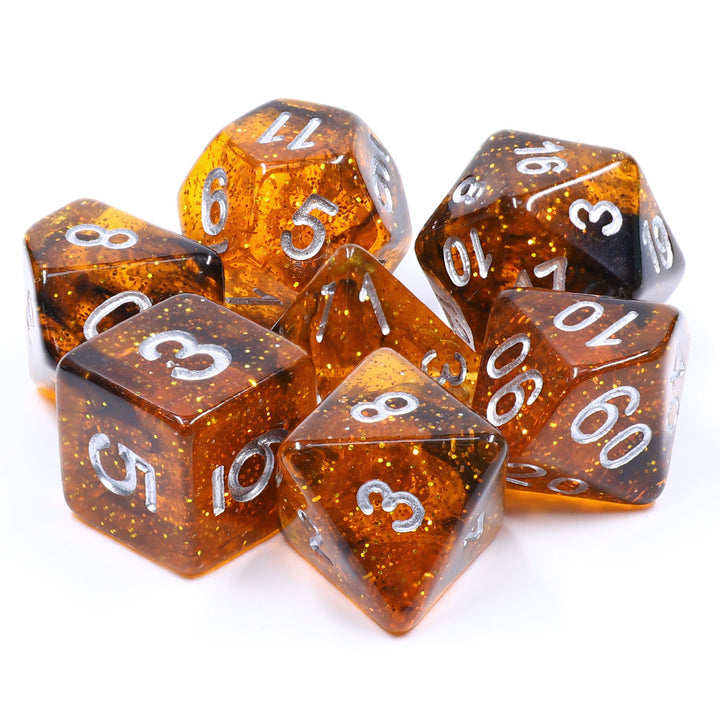 Orange w/ Black Swirl and Silver Ink 7-Dice Set DND RPG
