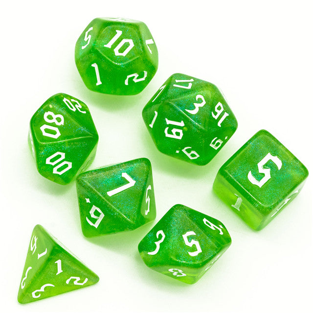 Deep Green Glitter Party Dice (White font) 7-Dice Set RPG DND