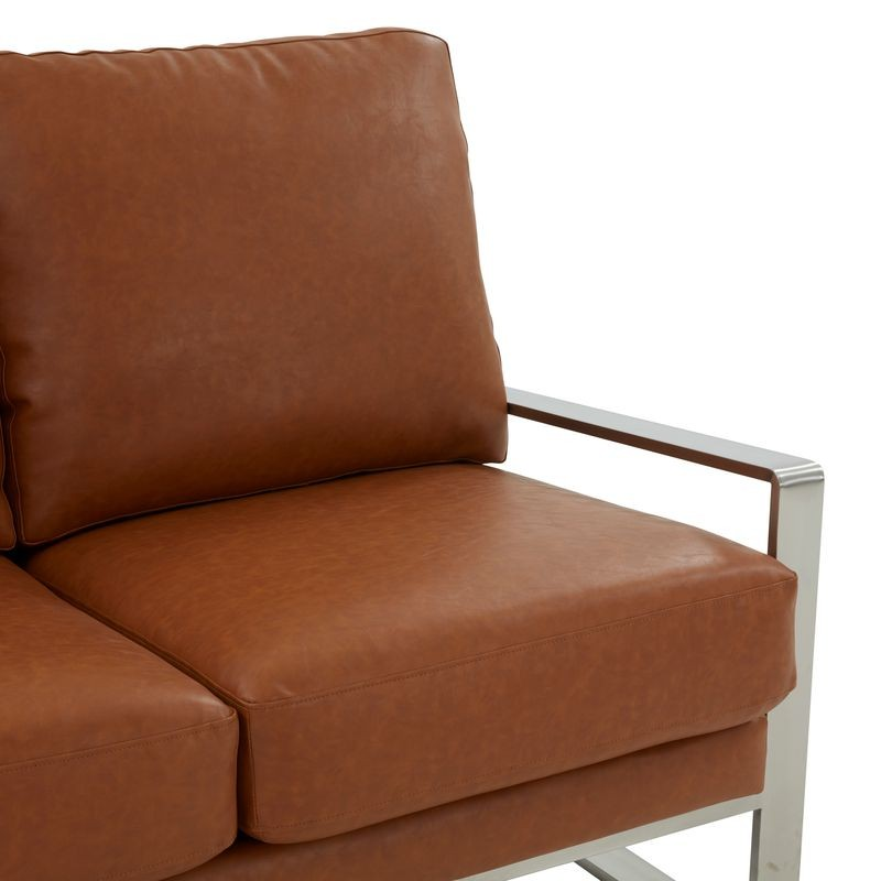 Leisuremod Jefferson Contemporary Modern Faux Leather Loveseat with Silver Frame Cognac Tan Zoom In.