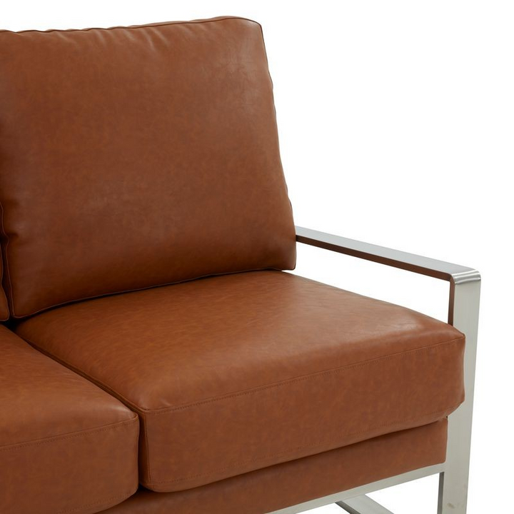 Leisuremod Jefferson Contemporary Modern Faux Leather Loveseat with Silver Frame Cognac Tan Zoom In.