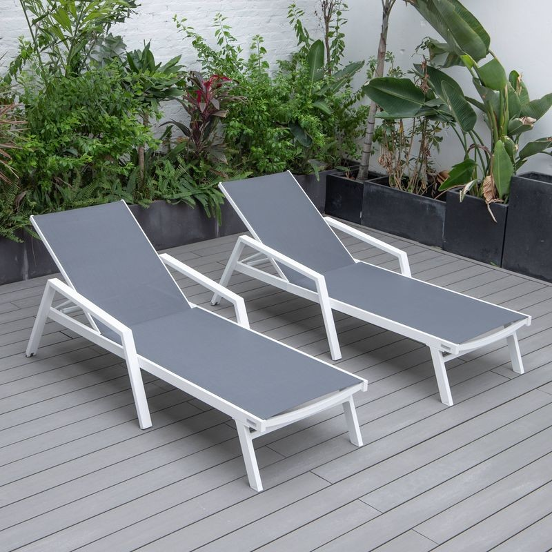 LeisureMod Marlin Patio Chaise Lounge Chair with Armrests in White Aluminum Frame, Set of 2 in Dark Grey