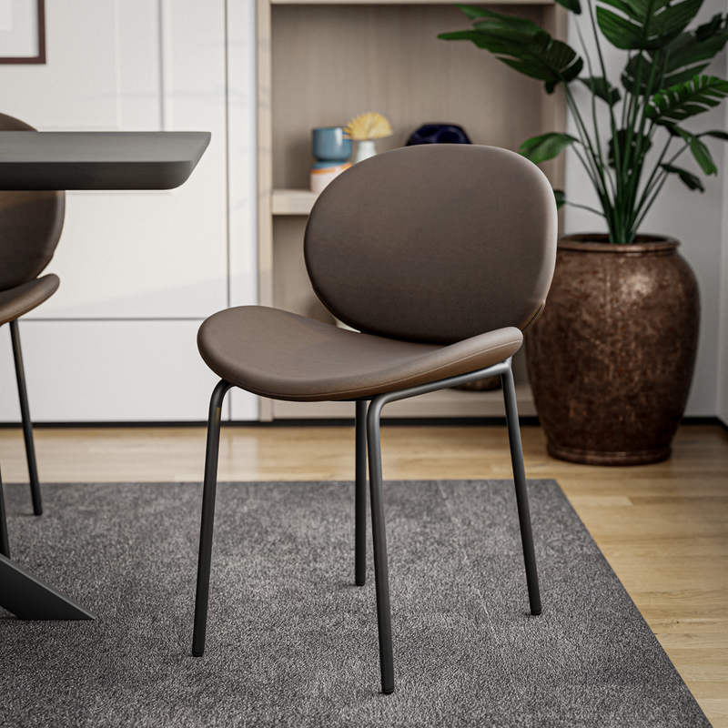 LeisureMod Servos Modern Dining Side Chair with Upholstered Faux Leather Seat and Powder Coated Iron Frame for Kitchen and Dining Room Elephant Grey with Background.