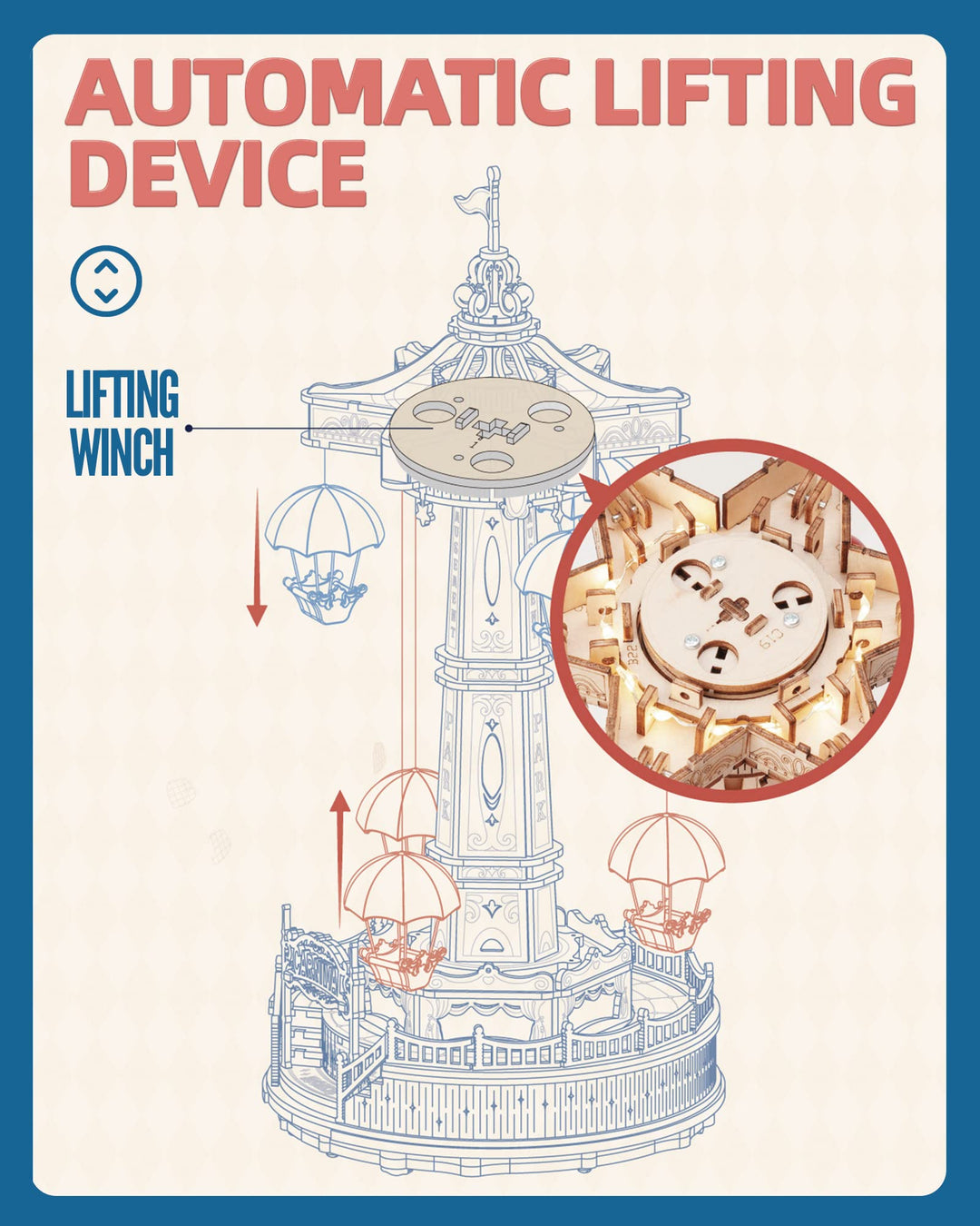 3D Wooden Parachute Tower Music Box Puzzle.
