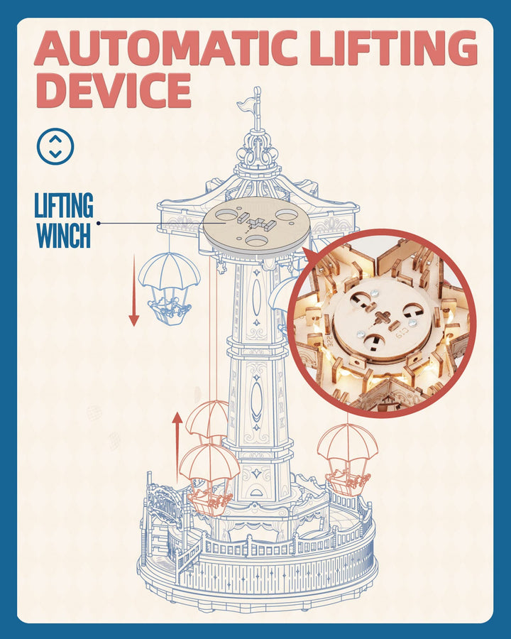 3D Wooden Parachute Tower Music Box Puzzle.