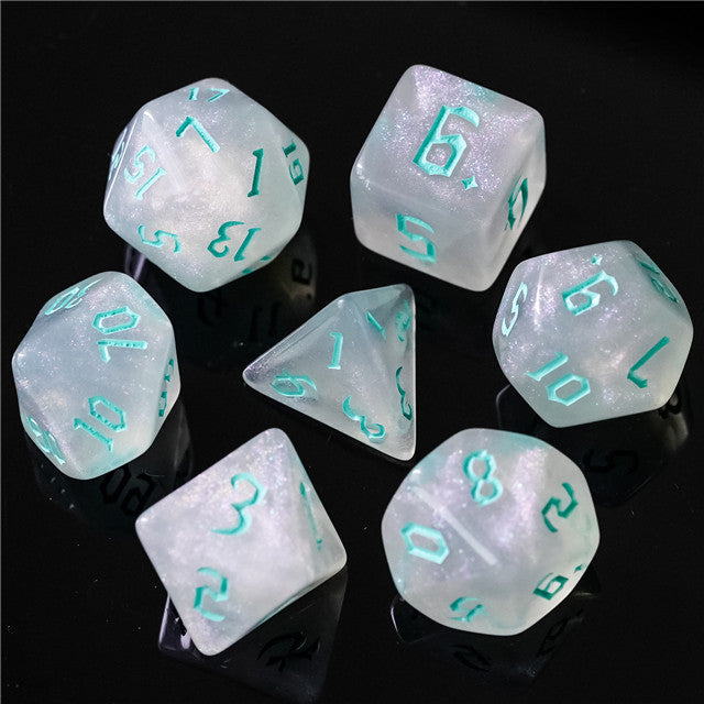 Glitter Party White Glitter Dice (Mint font) 7-Dice Set RPG DND