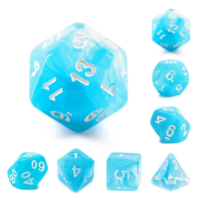 Sky Blue Swirl with White Numbering 7-Dice Set RPG