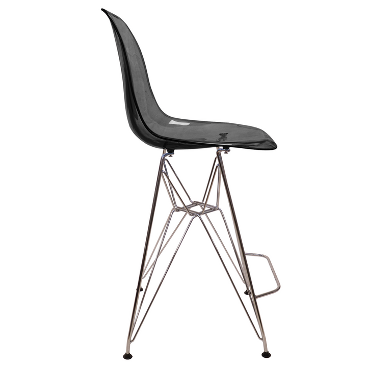 LeisureMod Cresco Modern Acrylic Barstool with Chrome Base and Footrest in Transparent Black Side View.