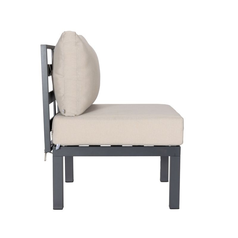 LeisureMod Chelsea 7-Piece Patio Sectional and Coffee Table Set Black Aluminum with Cushions Beige Side Chair View.