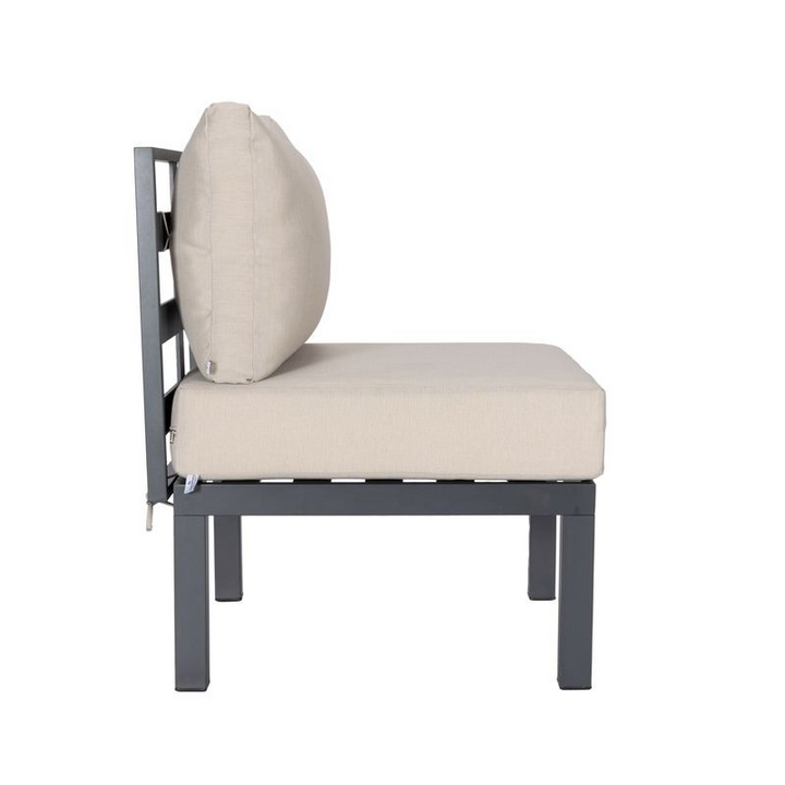 LeisureMod Chelsea 7-Piece Patio Sectional and Coffee Table Set Black Aluminum with Cushions Beige Side Chair View.