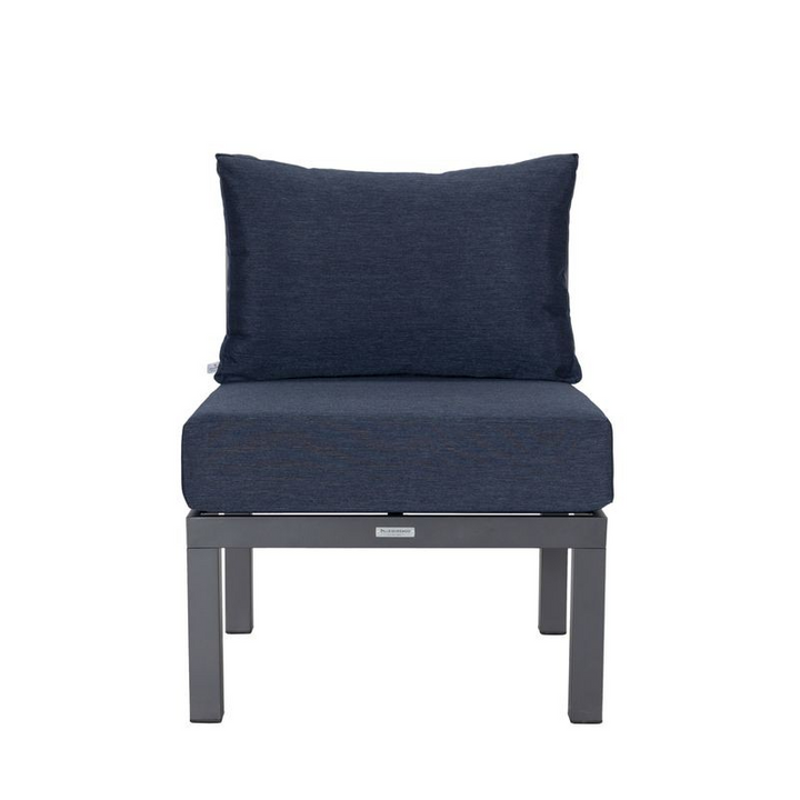 LeisureMod Chelsea 7-Piece Patio Sectional and Coffee Table Set Black Aluminum with Cushions Blue Front Chair.