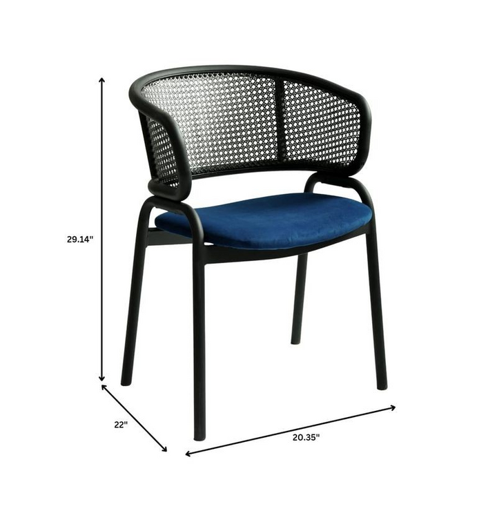 Chair with blue cushion and black frame, shown with dimensions on a white background.