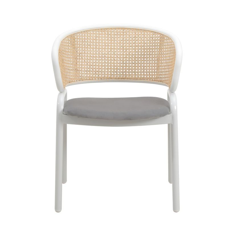 Leisuremod Ervilla Modern Dining Chair with White Powder Coated Steel Legs and Wicker Back Grey Front.