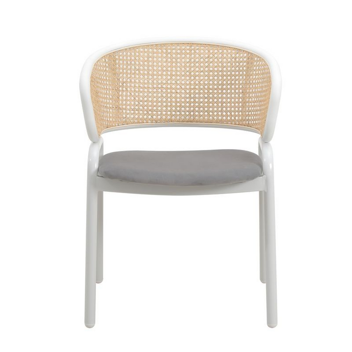 Leisuremod Ervilla Modern Dining Chair with White Powder Coated Steel Legs and Wicker Back Grey Front.