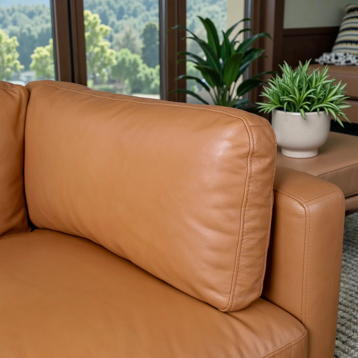 Bellrose Mid-Century Modern Genuine Leather Sofa Closeup.