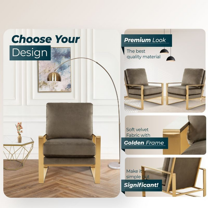 LeisureMod Jefferson Velvet Design Accent Armchair with Gold Brass Finish Frame Looks