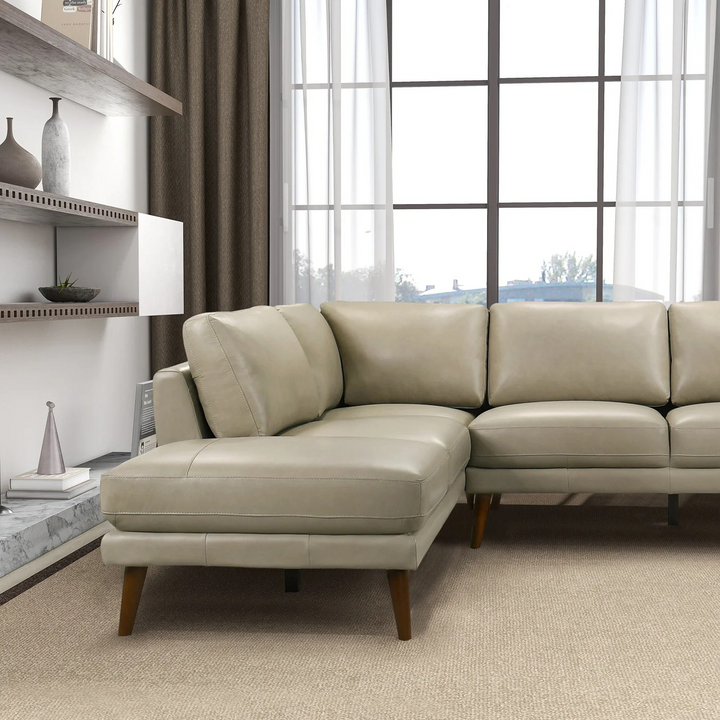 Benson Beige Leather Sectional Sofa Left Facing Chaise Closeup.