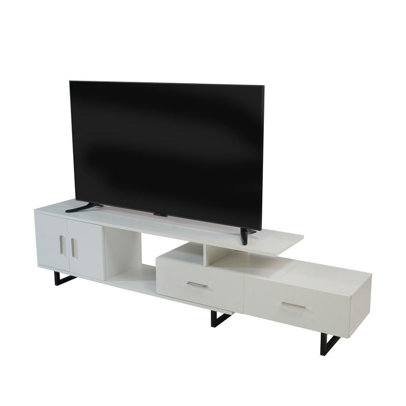 LeisureMod Avery Mid-Century Modern TV Stand with MDF Cabinet and Powder Coated Steel Legs White Angled View.