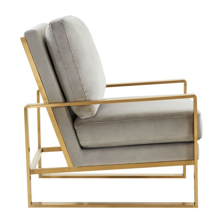 LeisureMod Jefferson Velvet Design Accent Armchair with Gold Brass Finish Frame Light Gray Side View
