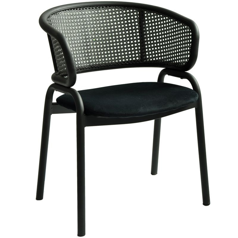 LeisureMod Ervilla Dining Armchair in Black Steel Frame with Black Wicker Back and Black Seat