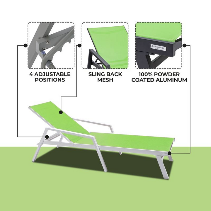 LeisureMod Marlin Patio Chaise Lounge Chair with Armrests in White Aluminum Frame Green Details.